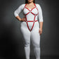 Plus Size Red Multi-Strap Body Harness by HarnessClub, vegan leather red straps over white bodysuit.