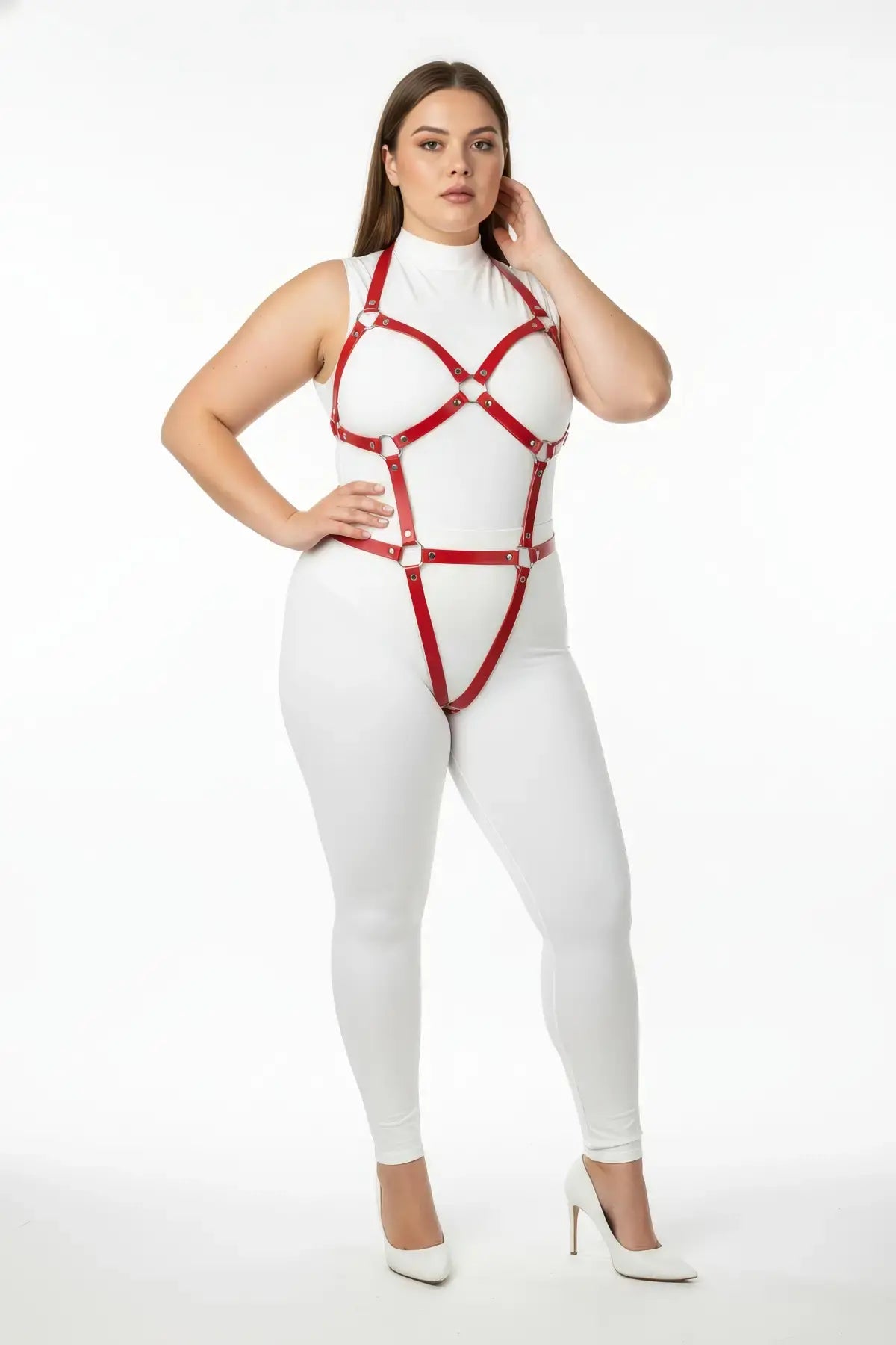 Plus Size Red Multi-Strap Body Harness by HarnessClub, vegan leather with geometric straps.
