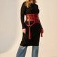 HarnessClub Plus Size red vegan leather corset belt with six horizontal straps, silver hardware and tassels at the waist