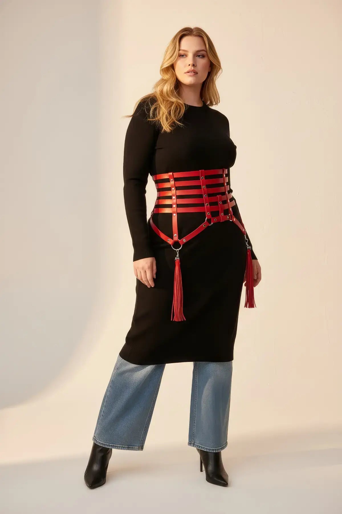HarnessClub Plus Size red vegan leather corset belt with six horizontal straps, silver hardware and tassels at the waist