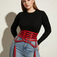 Plus size red vegan-leather multi-strap corset belt with tassels, six horizontal straps and silver hardware