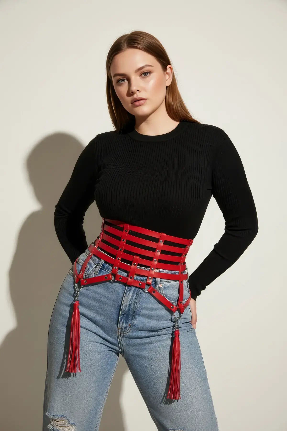Plus size red vegan-leather multi-strap corset belt with tassels, six horizontal straps and silver hardware
