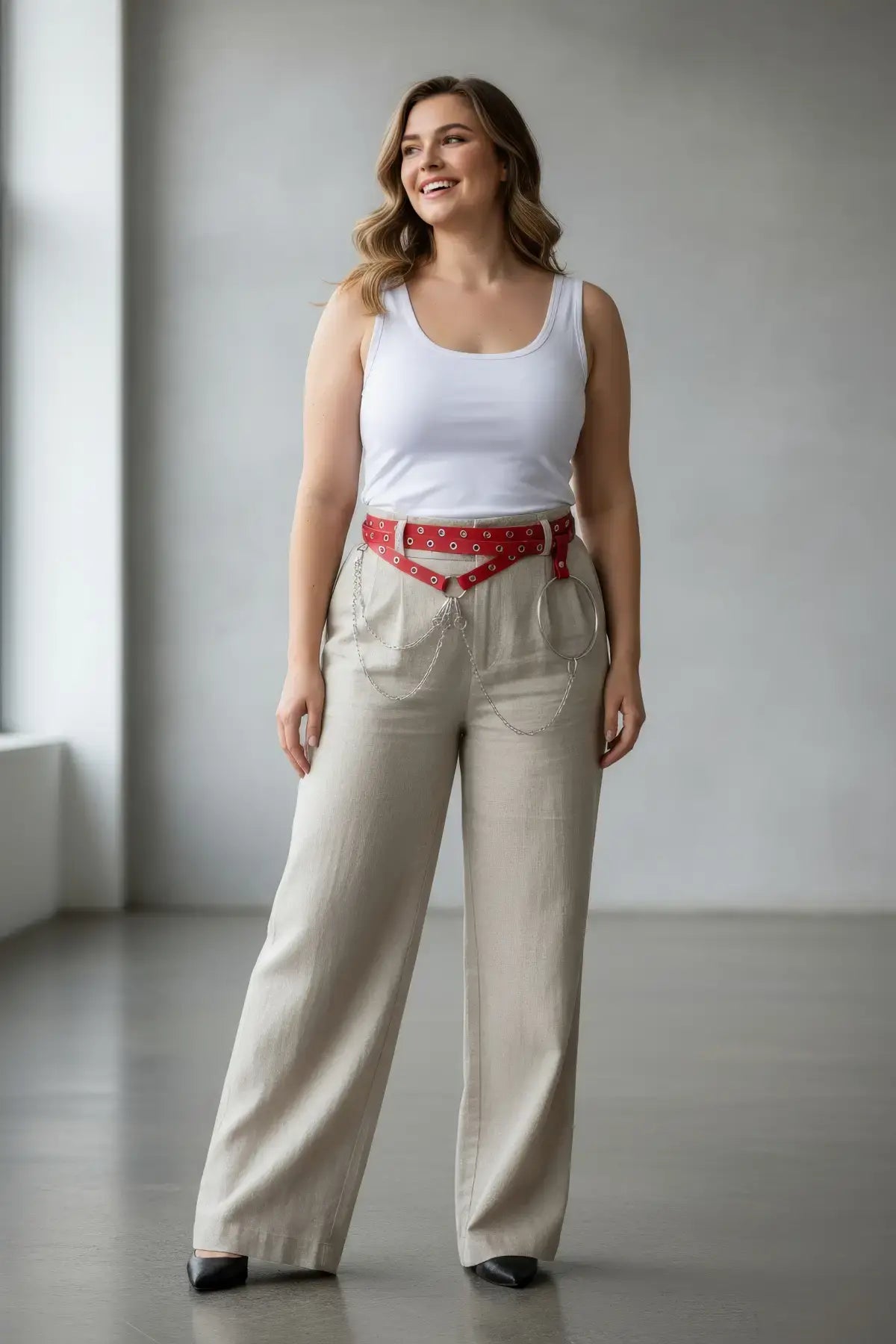 Plus-size red multi-strap eyelet belt with vegan leather chains and O-ring hip harness