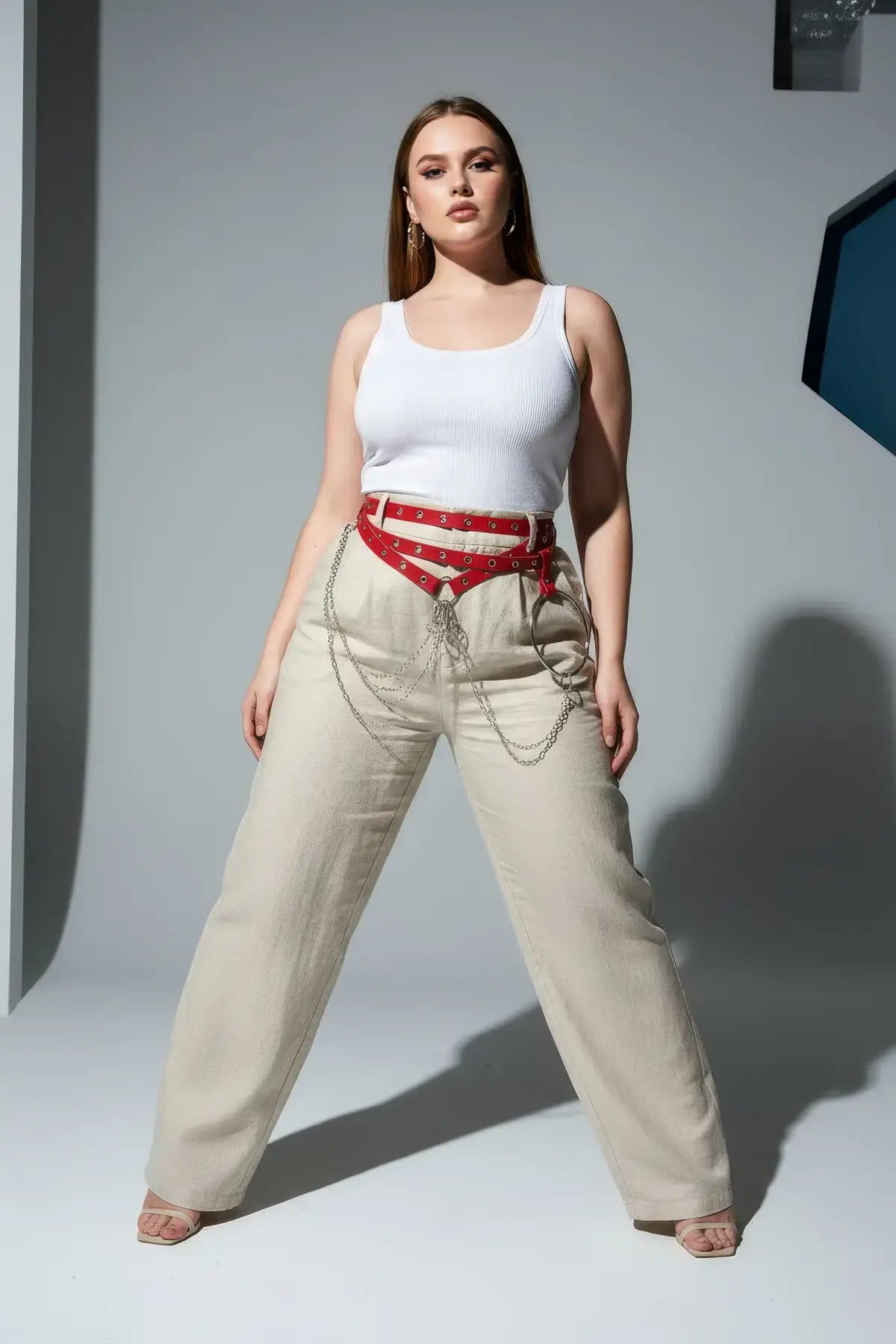 Plus Size Red Multi-Strap Eyelet Belt with chain accents and O-ring hip harness by HarnessClub