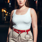Plus-size red multi-strap eyelet vegan leather hip harness belt with chains and O-rings