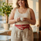 Plus size red vegan leather multi-strap eyelet belt with chains and O-ring harness