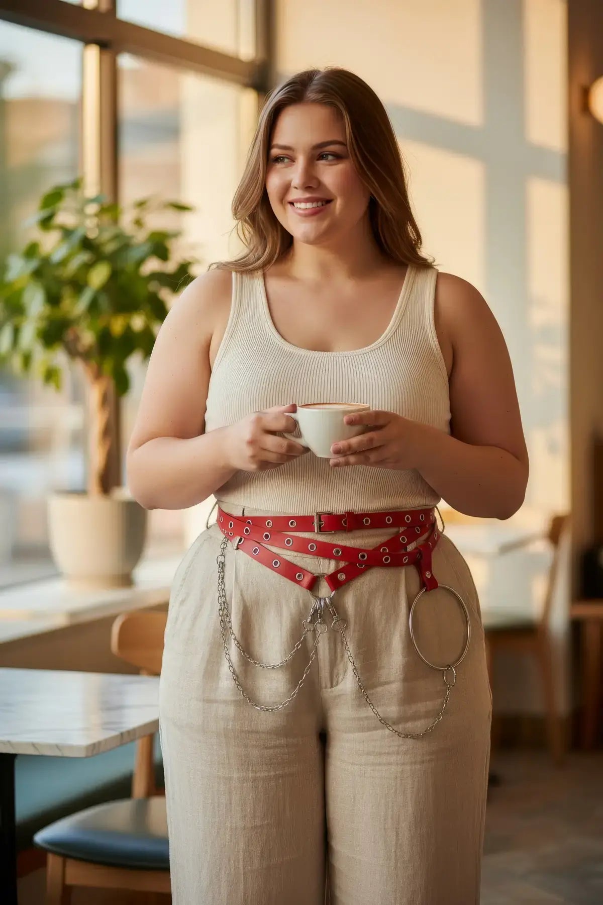 Plus size red vegan leather multi-strap eyelet belt with chains and O-ring harness
