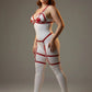 Plus-size red multi-strap faux leather garter harness worn over a white bodysuit by HarnessClub