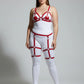 Plus Size Red Multi-Strap Faux Leather Garter Harness fantasy body set on white base bodysuit by HarnessClub