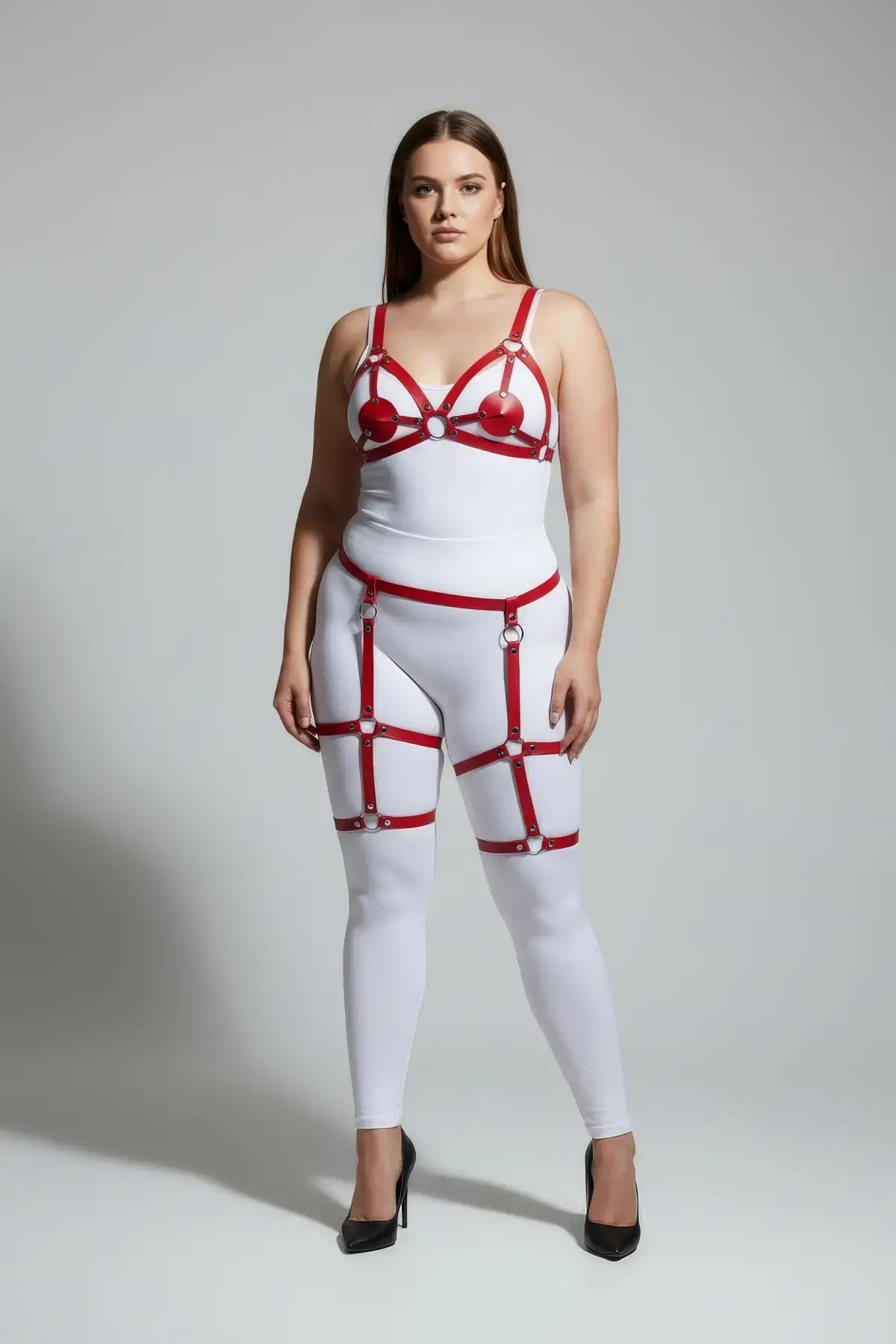 Plus Size Red Multi-Strap Faux Leather Garter Harness fantasy body set on white base bodysuit by HarnessClub