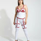 Plus-size red faux-leather garter harness set with white base, HarnessClub