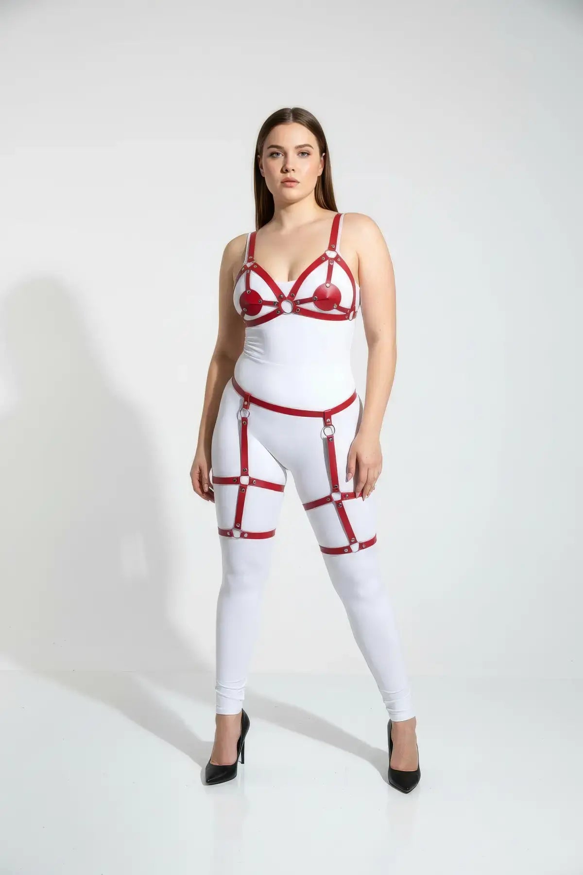Plus-size red faux-leather garter harness set with white base, HarnessClub