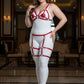 Plus-size red faux-leather garter harness set on model, white bodysuit with red straps, HarnessClub.