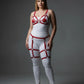Plus-Size Red Multi-Strap Faux Leather Garter Harness by HarnessClub, worn over a white bodysuit.