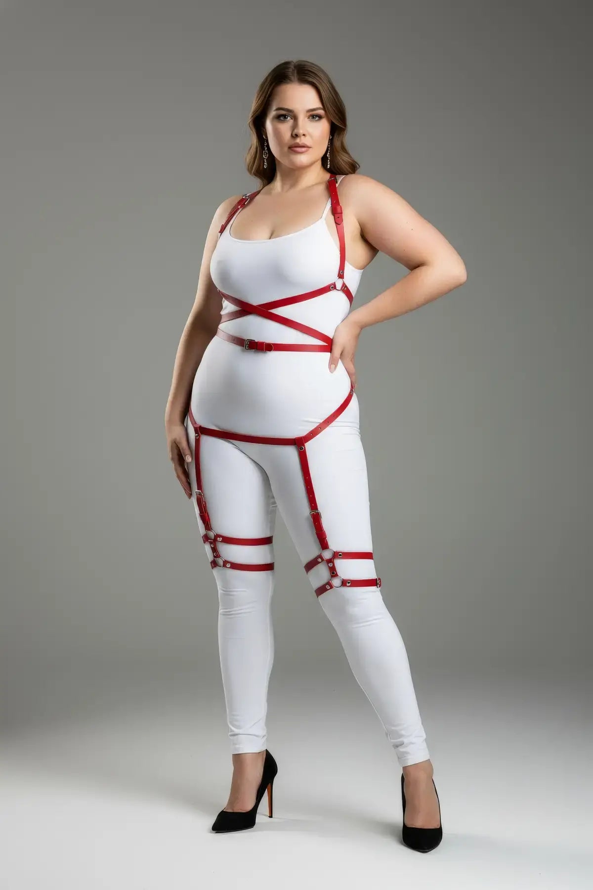 Plus-size red multi-strap faux leather garter harness full-body set on model