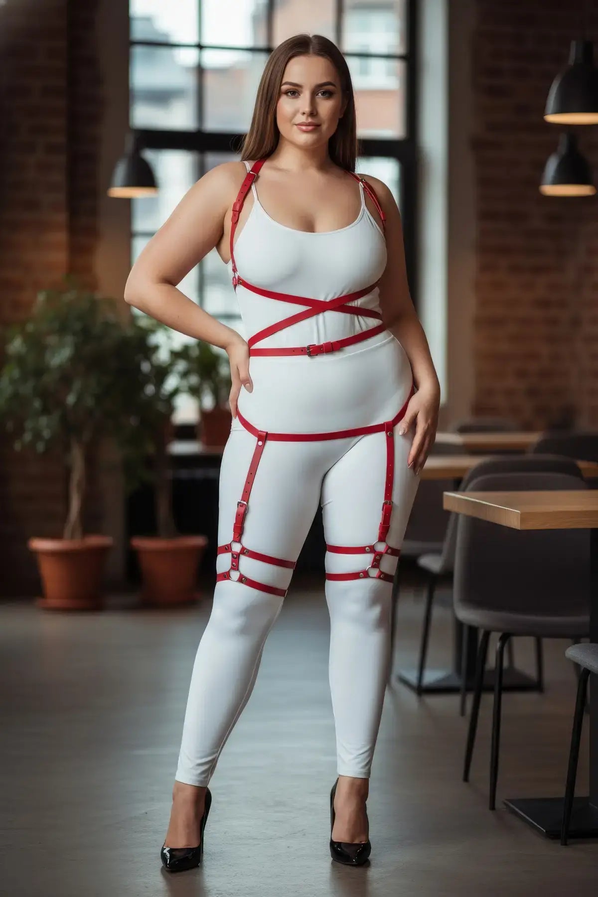 Plus Size Red Multi-Strap Faux Leather Garter Harness on white bodysuit; full-body strap set.