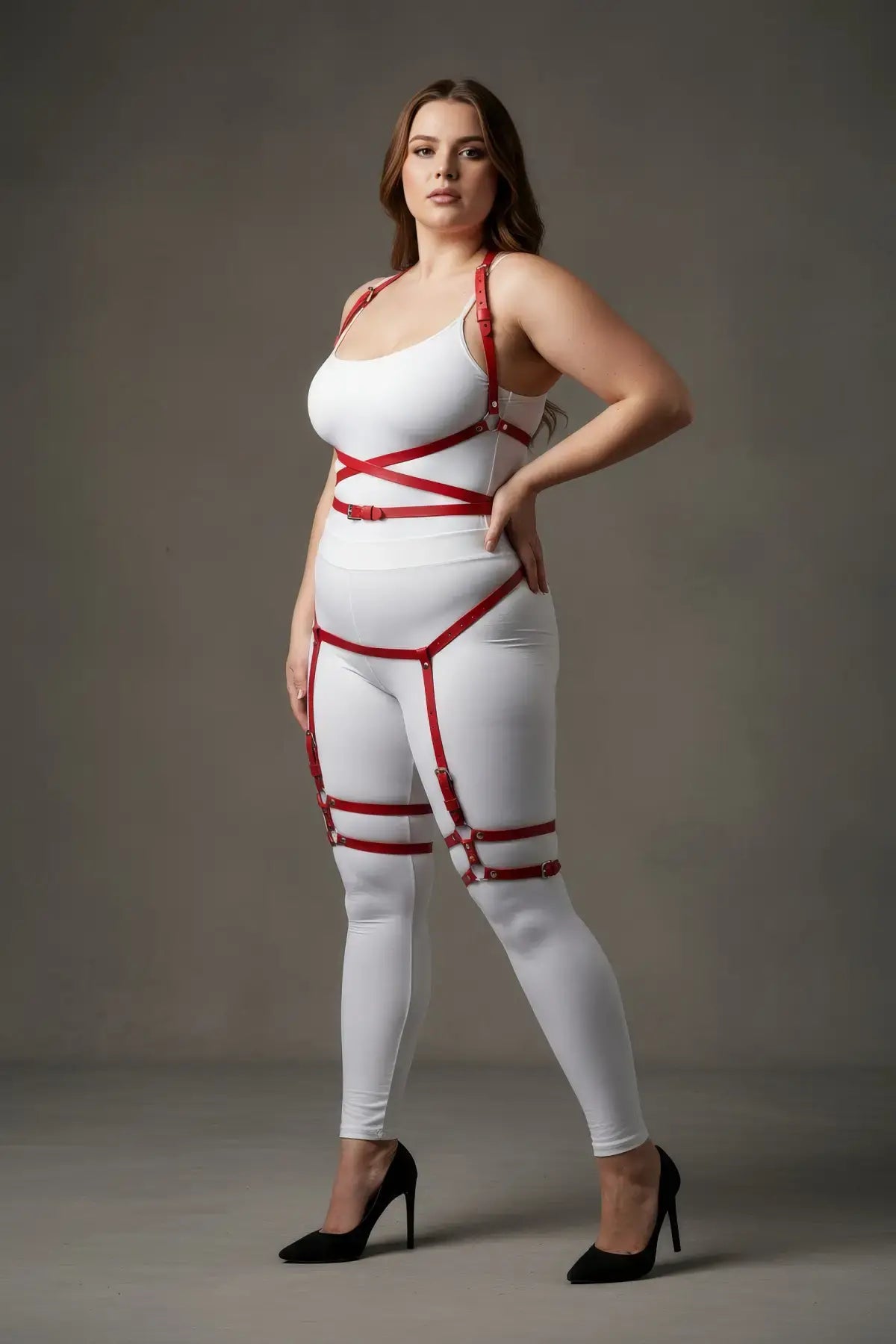 Plus Size Red Multi-Strap Faux Leather Garter Harness by HarnessClub, full-body accessory set
