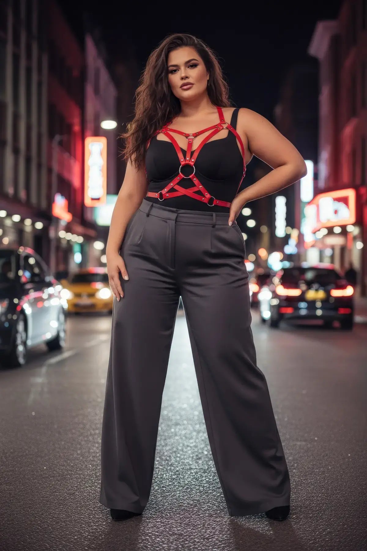 Plus Size Red Multi-Strap Grommet Body Harness, vegan leather festival accessory worn over a black top
