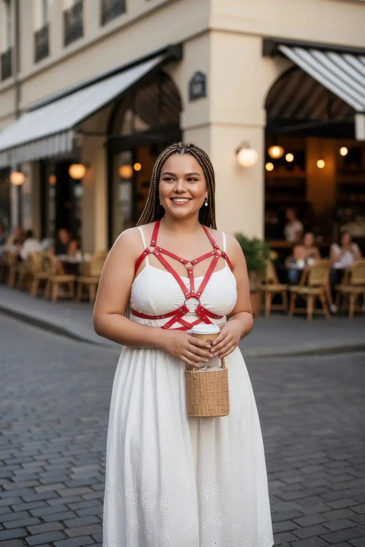 Plus Size Red Multi-Strap Grommet Body Harness by HarnessClub, vegan leather festival accessory worn over white dress