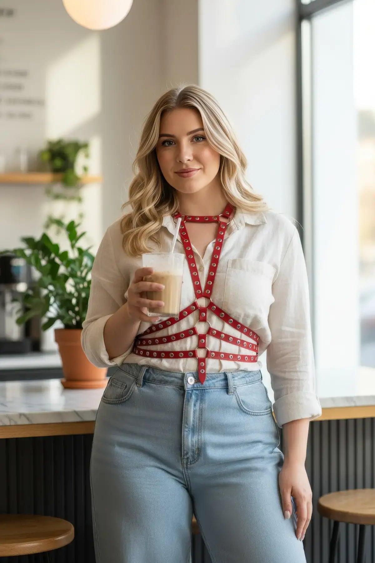 Plus-size red grommet body harness worn over a white shirt on a model