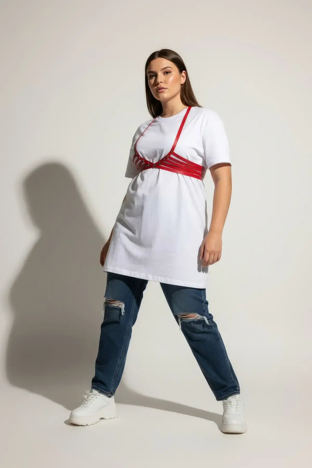Plus Size Red Vegan Leather Multi-Strap Under-Bust Harness worn over a white T-shirt