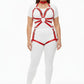 Plus-size red vegan-leather body harness with O-ring centerpiece and chain detailing
