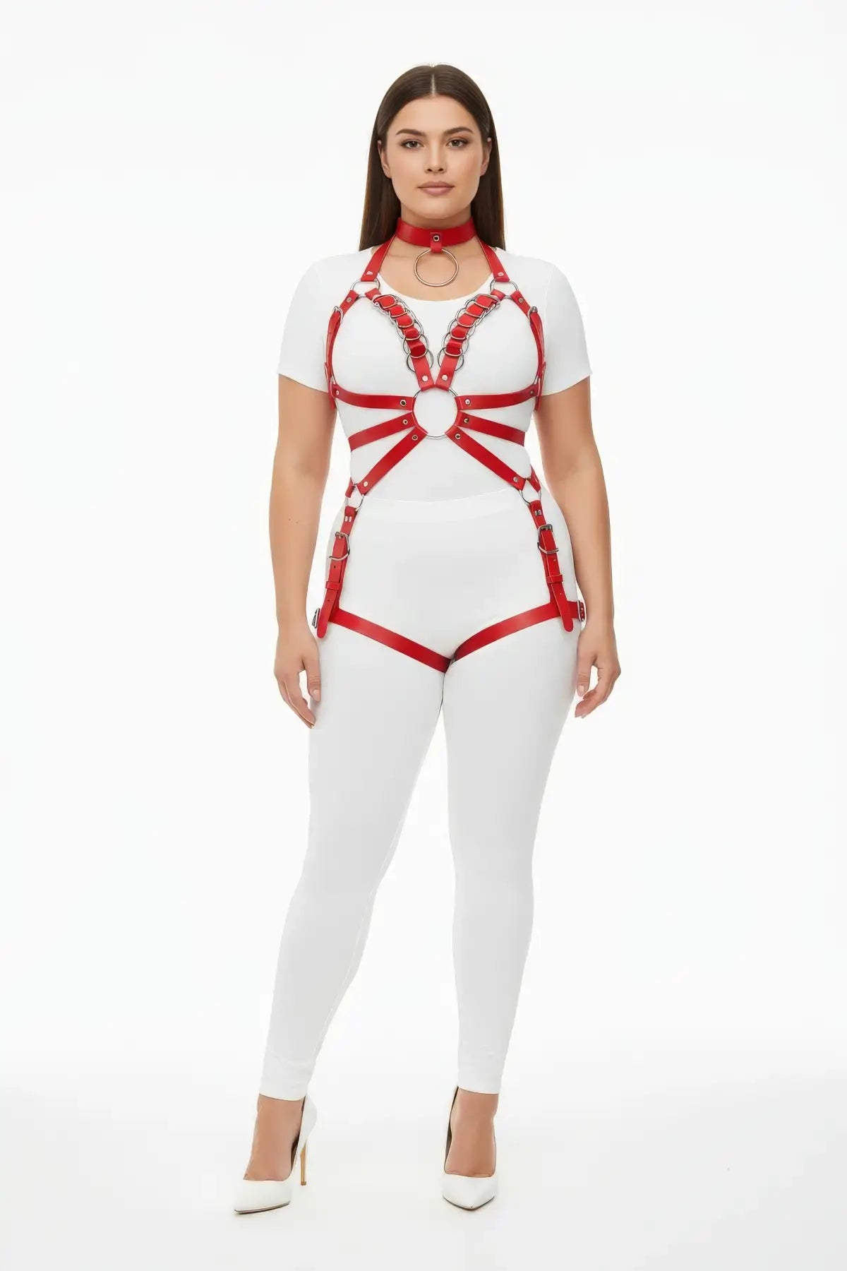 Plus-size red vegan-leather body harness with O-ring centerpiece and chain detailing