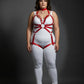Plus Size Red O-Ring Chain Detail Body Harness by HarnessClub; vegan leather, worn over white bodysuit