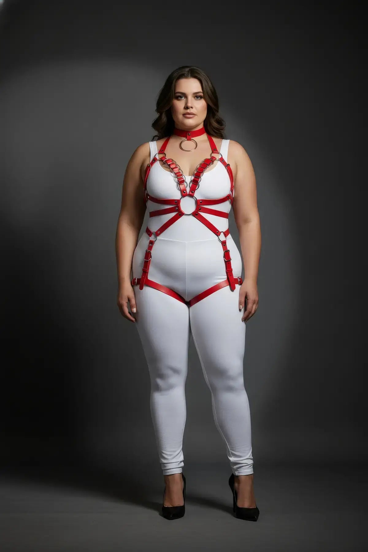 Plus Size Red O-Ring Chain Detail Body Harness by HarnessClub; vegan leather, worn over white bodysuit