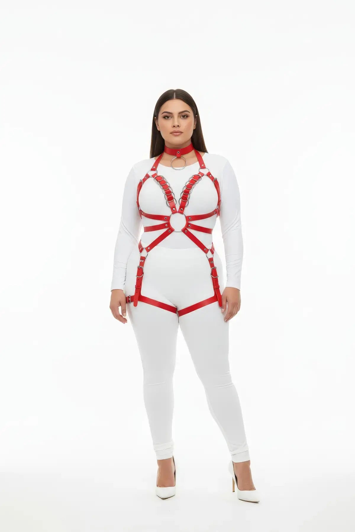 Plus Size Red O-Ring Chain Detail Body Harness by HarnessClub, vegan leather