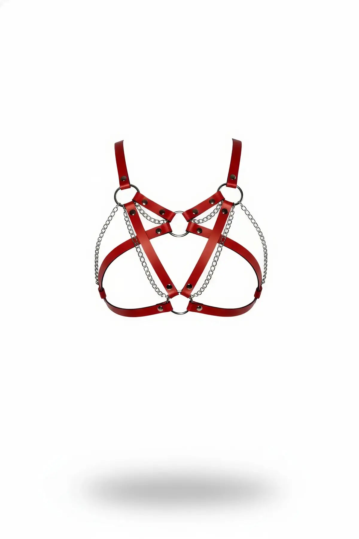 Plus-size red vegan leather bralette harness with O-ring and chain drape