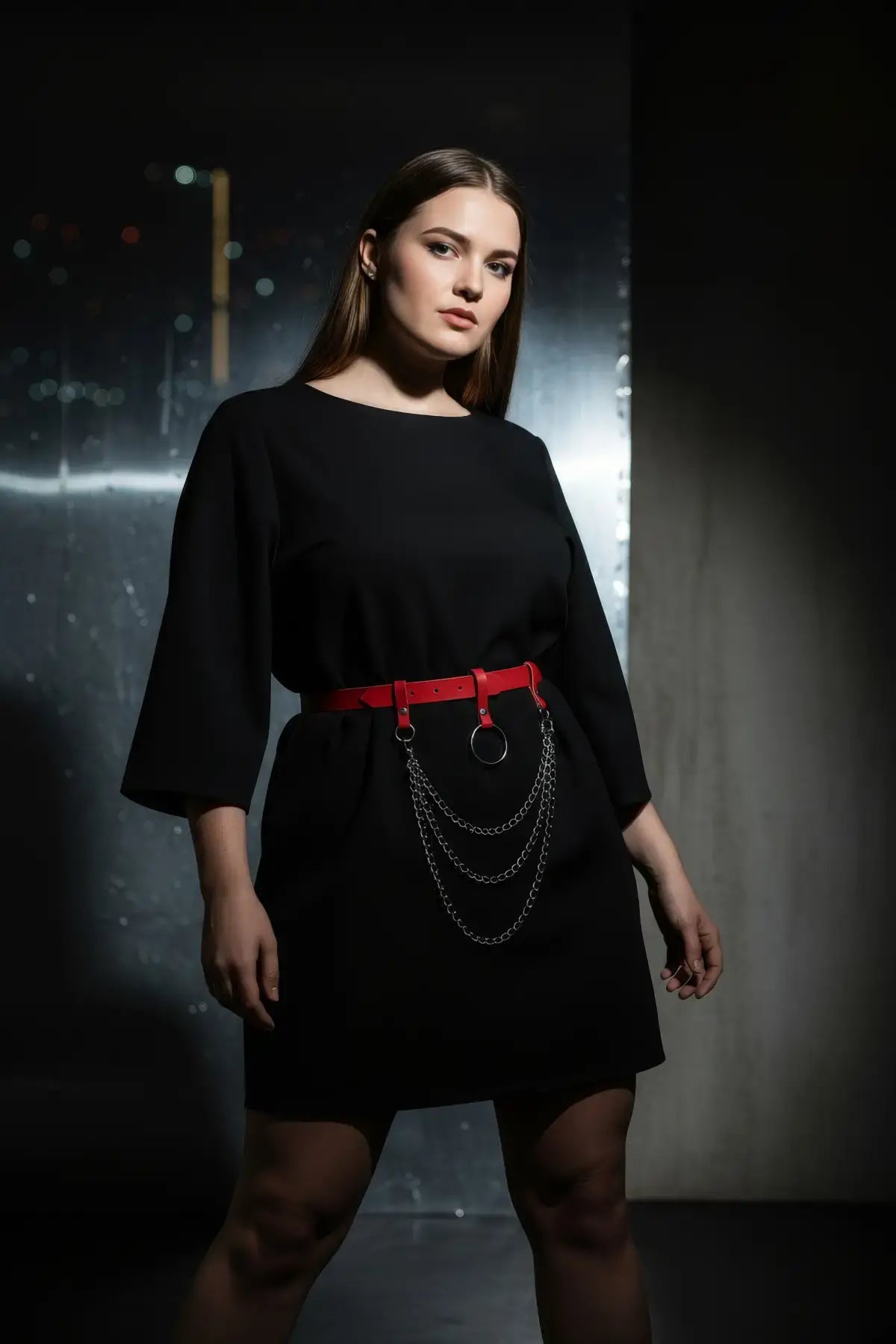 Plus Size Red O-Ring Chain Hip Belt by HarnessClub, vegan leather waist accessory with silver chains