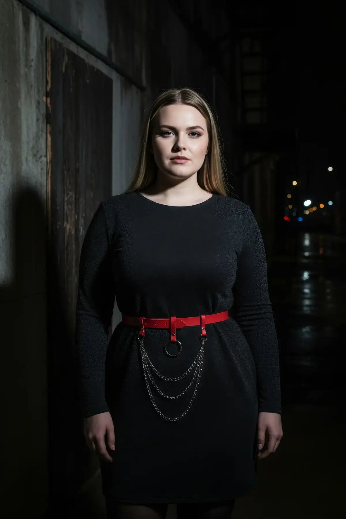 Plus Size Red O-Ring Chain Hip Belt; red vegan leather waist belt with metal rings and hanging chains.