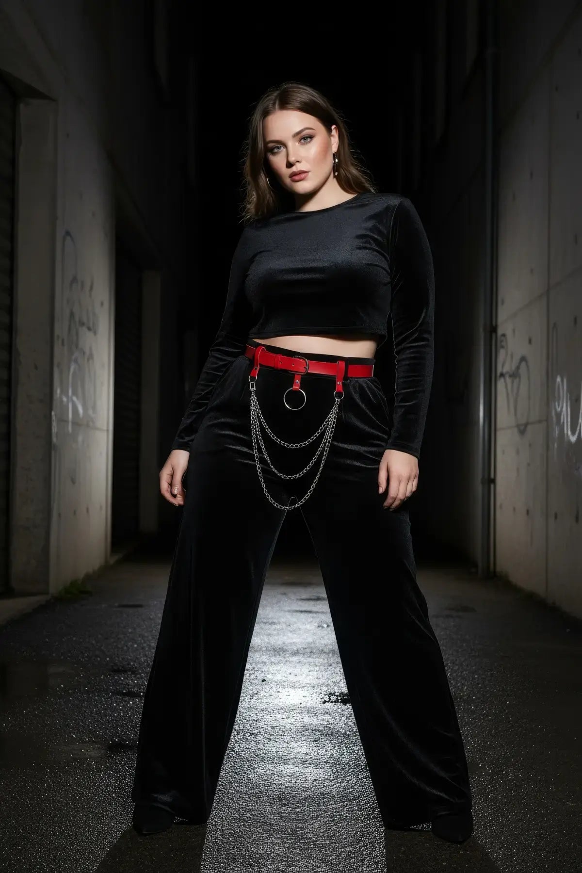 Plus-size red vegan leather O-ring chain hip belt by HarnessClub with silver hanging chains.