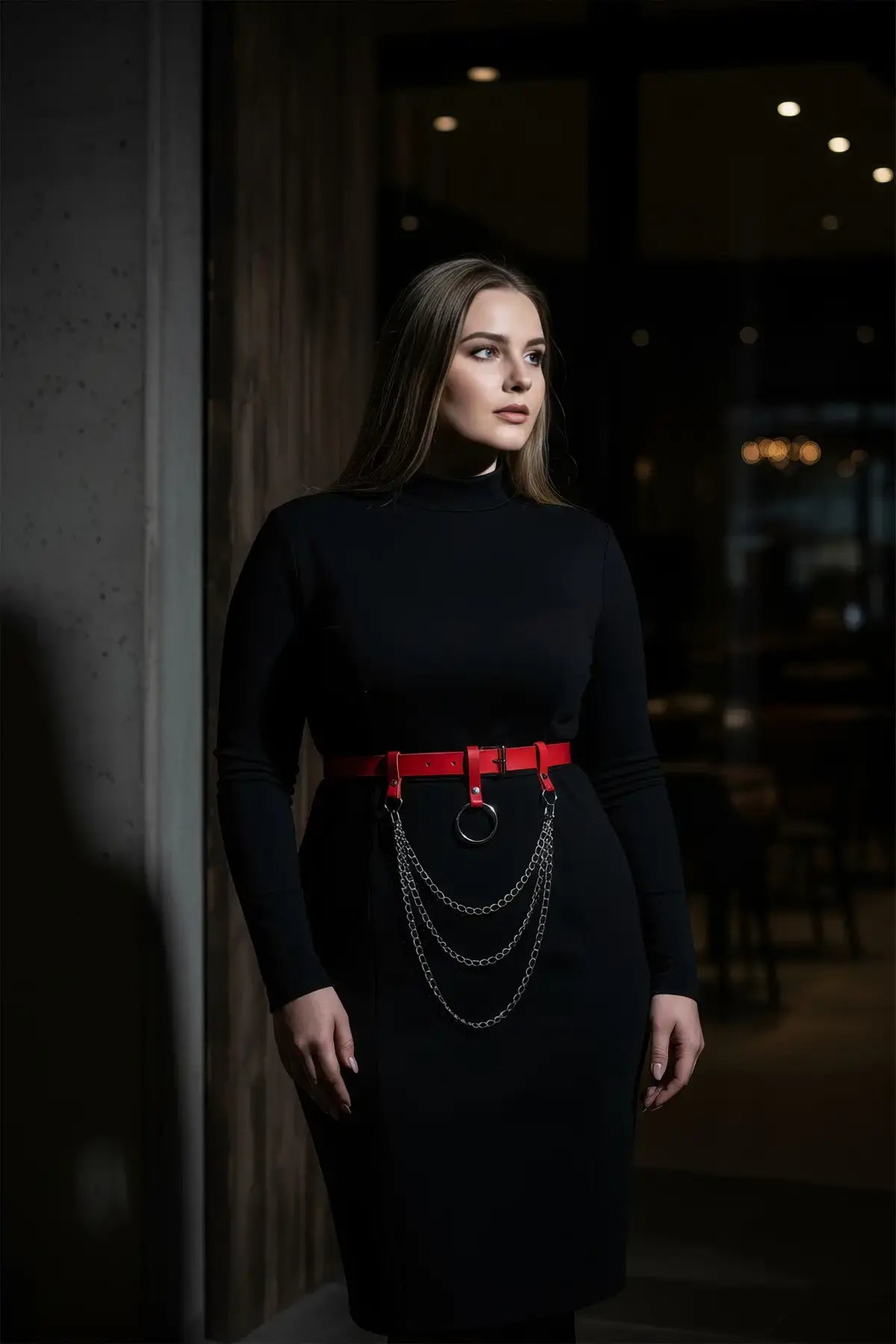 Plus-Size Red O-Ring Chain Hip Belt with silver chains over a black dress; vegan leather waist accessory.