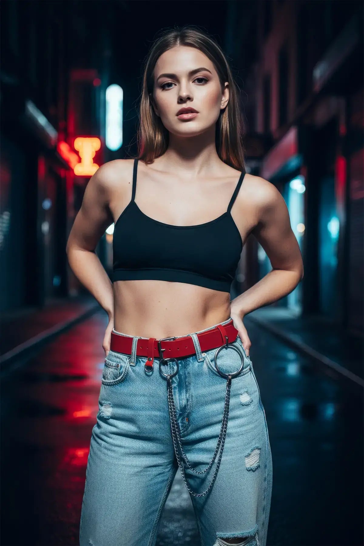 Plus Size Red O-Ring Chain Waist Belt by HarnessClub in vegan leather with metal rings