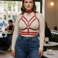Plus-size red O-ring collar chest harness by HarnessClub, vegan leather straps.