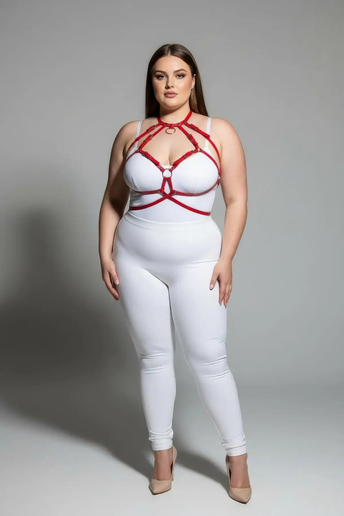 Plus Size Red O-Ring Faux Leather Chest Harness with metal rings