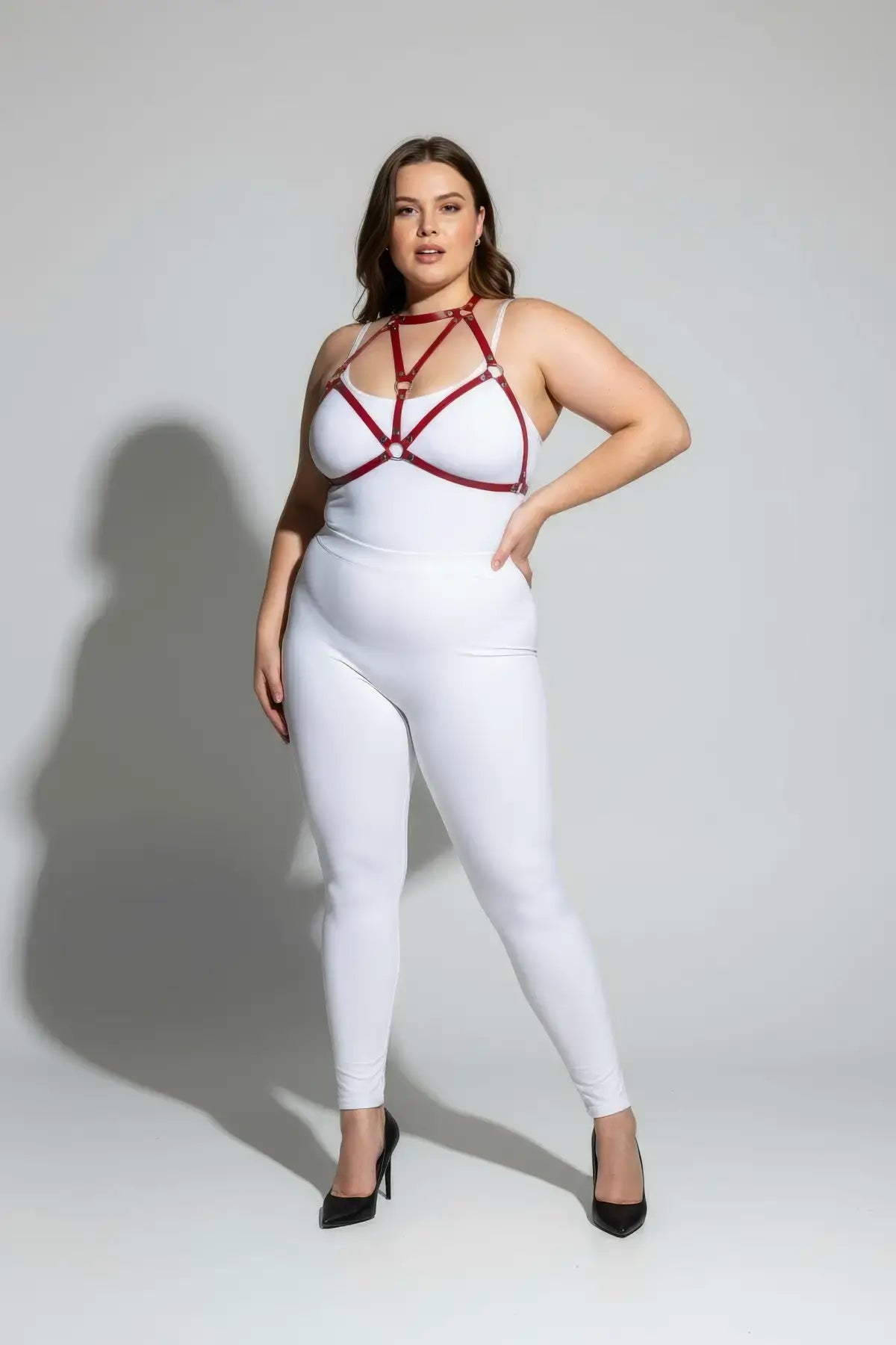 Plus size red O-ring faux-leather body harness by HarnessClub