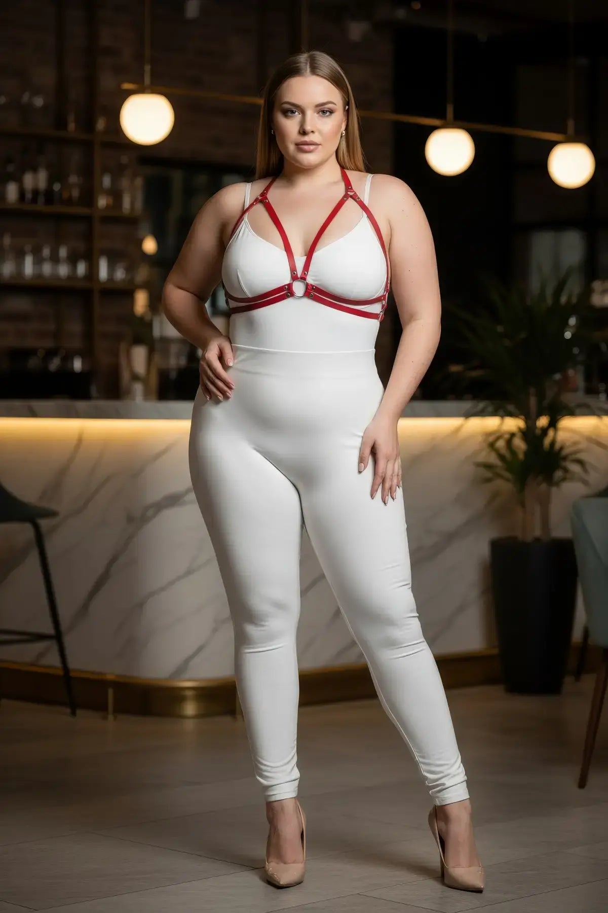 Plus Size Red O-Ring Faux Leather Fantasy Bra Harness by HarnessClub, body accessory