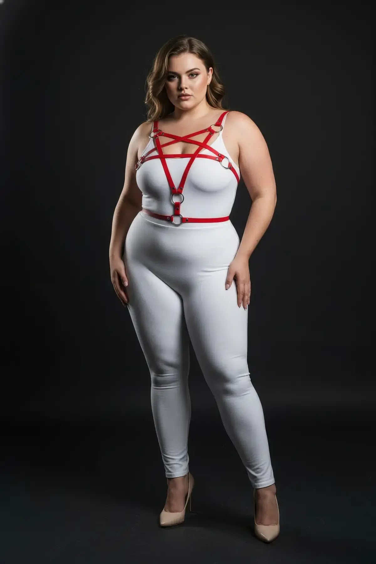 Plus-size red faux-leather harness set by HarnessClub with four O-ring straps worn over a white bodysuit.