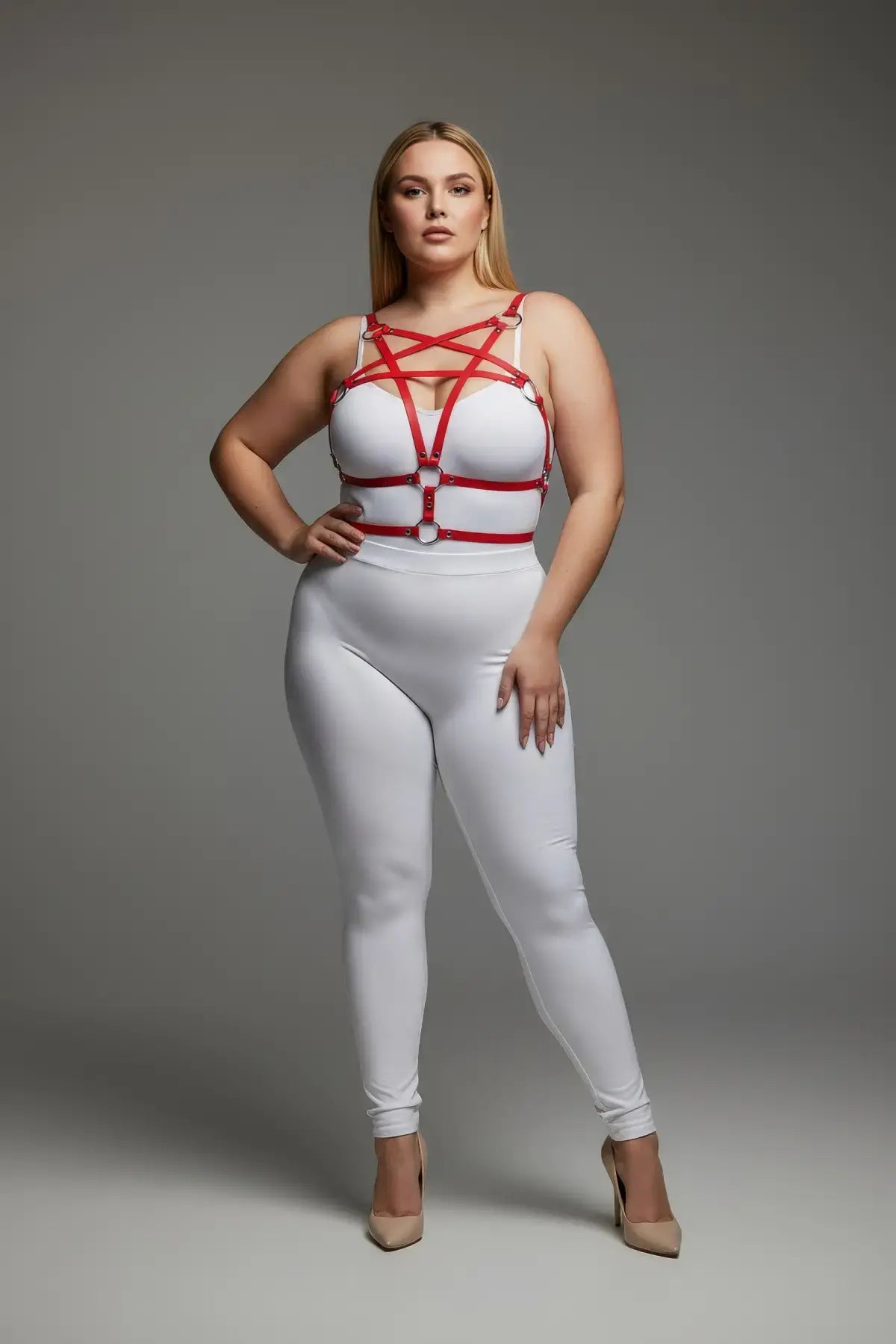 Plus Size Red O-Ring Faux Leather Harness Set; red body harness with four metal O-rings.