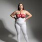 Plus Size Red O-Ring Faux Leather Body Harness Set worn over white bodysuit.
