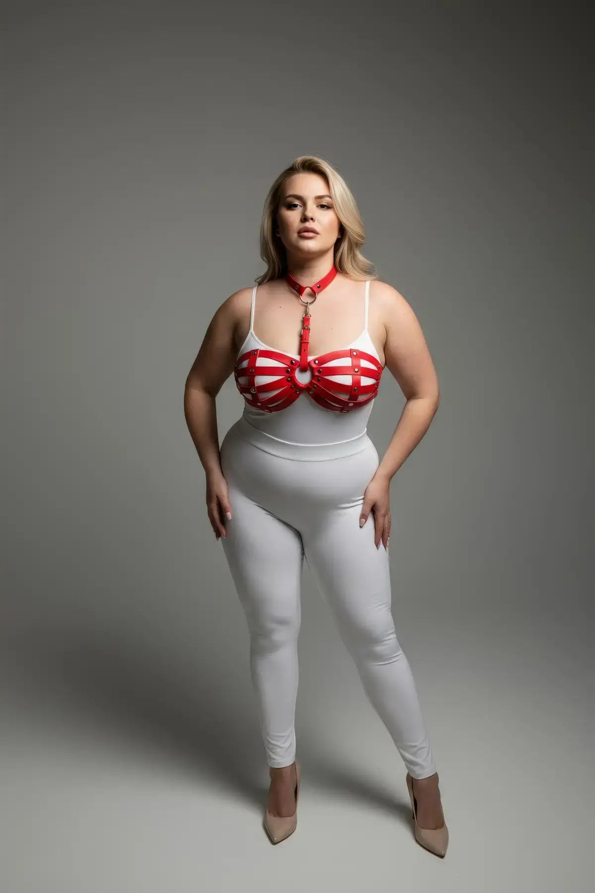 Plus-size red faux-leather O-ring body harness set by HarnessClub