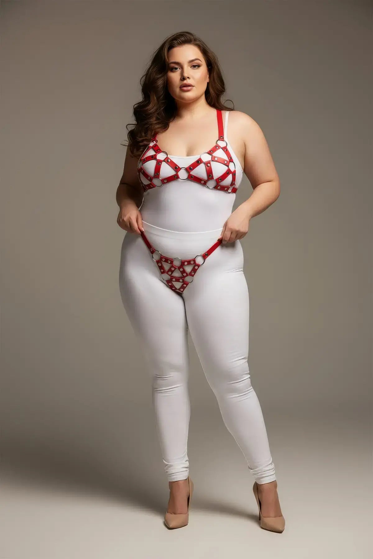 HarnessClub plus-size red faux-leather O-ring body harness set