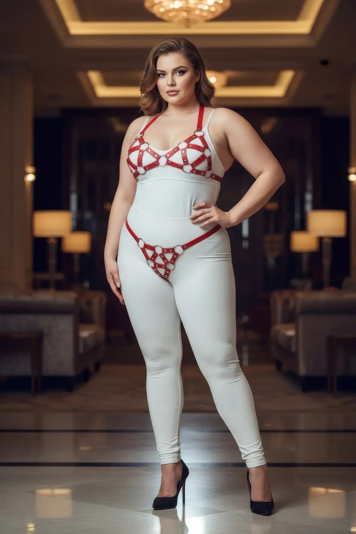 Plus Size Red O-Ring Faux Leather Body Harness Set; red straps with silver metal rings