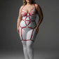 Plus-size red faux-leather O-ring full-body garter harness on white bodysuit