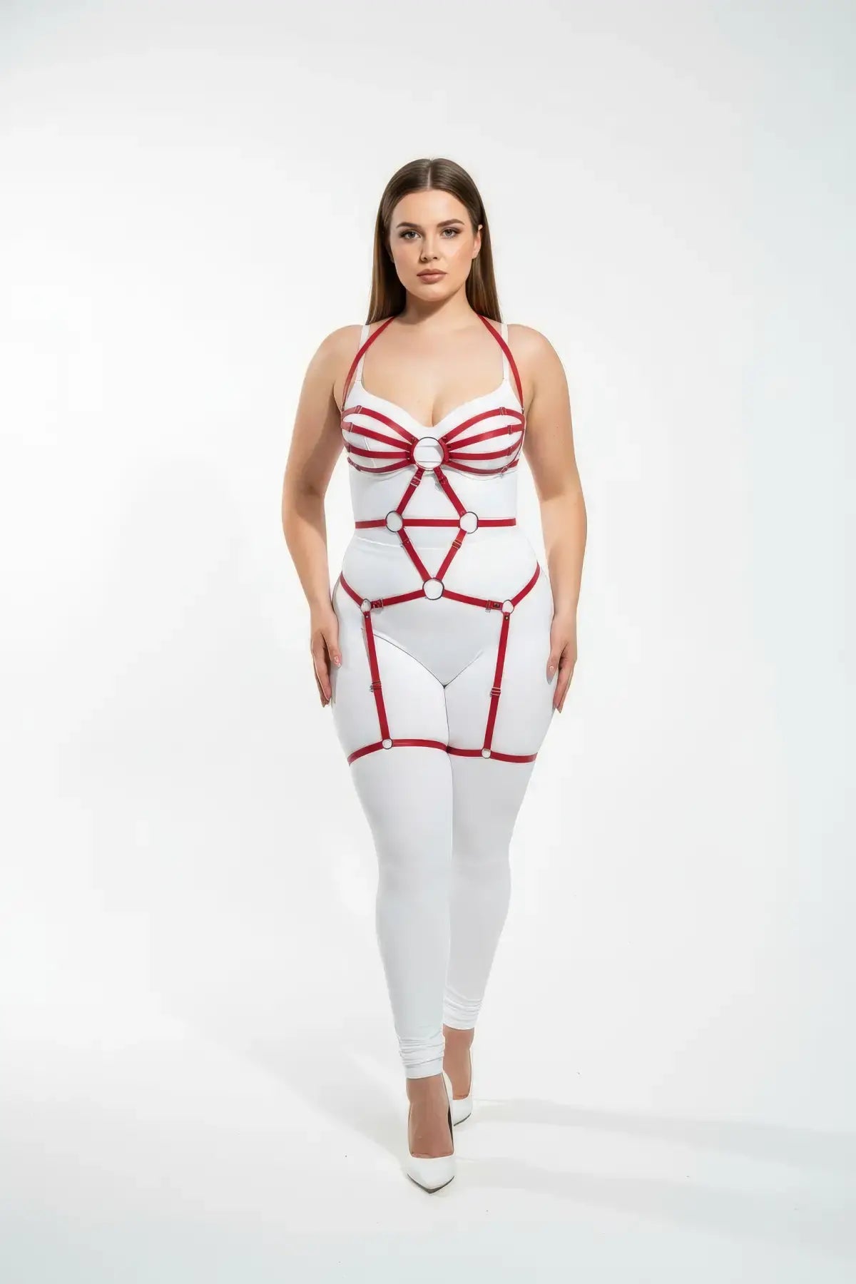 Plus-size red faux-leather garter harness bodysuit with O-ring accents by HarnessClub