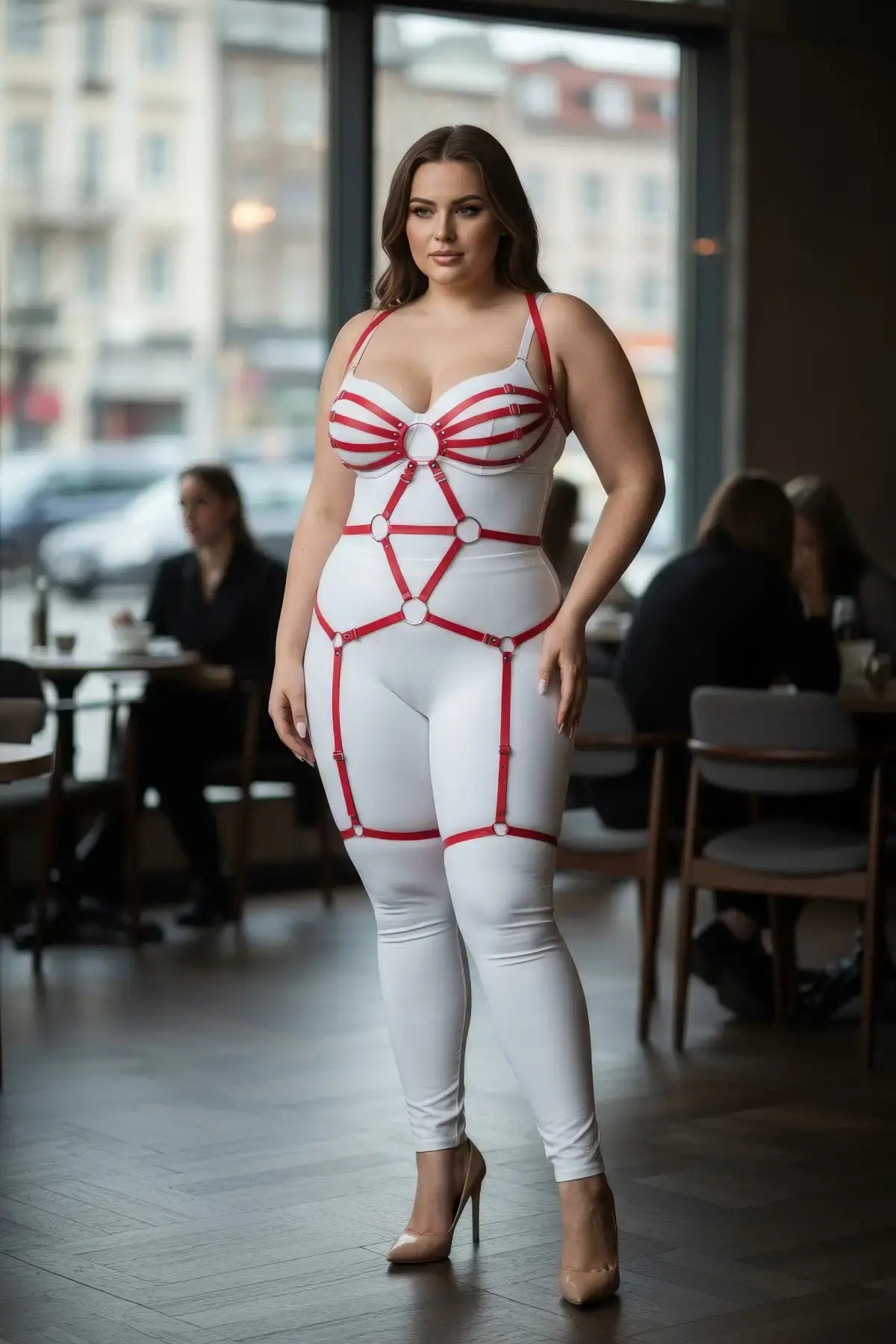 Plus-size red O-ring full-body faux leather garter harness