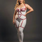 Plus-size red O-ring full-body faux leather garter harness on white bodysuit by HarnessClub
